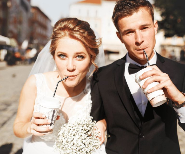 Wedding couple drinking coffee